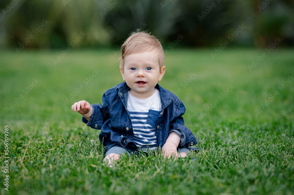 Happiness Baby boy sitting on the grass in field. Little boy in the spring or summer park sitting on the grass in sunshine day. Happiness Baby boy sitting on the grass in field. Little boy in the spring or summer park sitting on the grass in sunshine day.