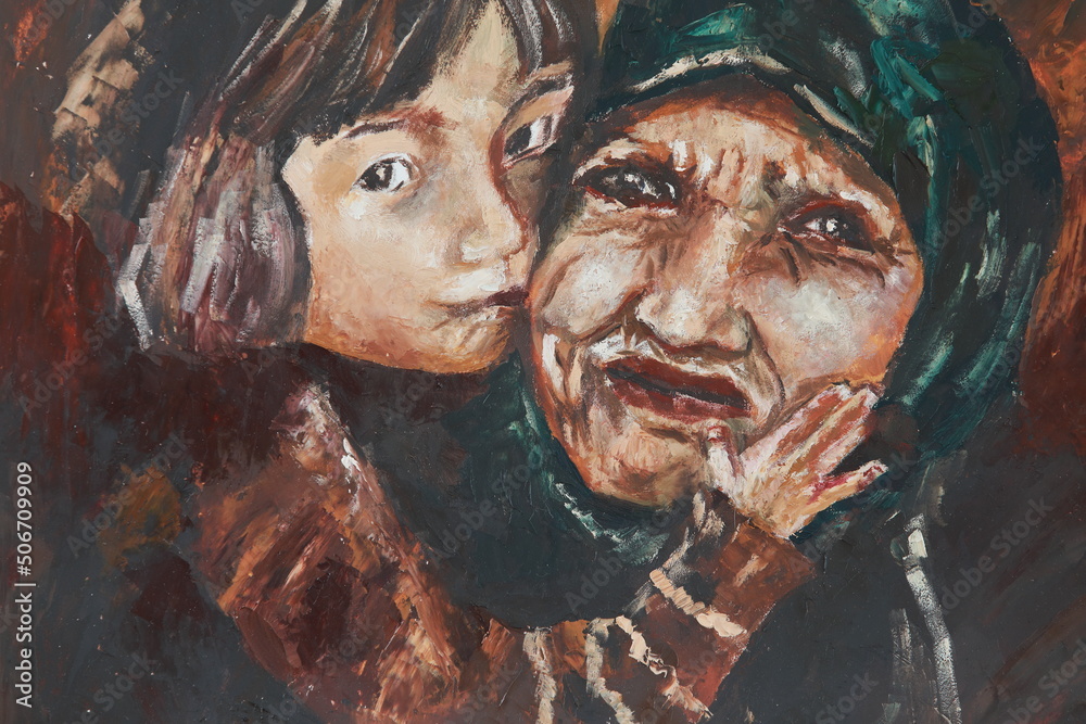 Fototapeta premium Frightened grandmother with a little granddaughter in her arms. Portrait of a sad old woman hugging a child protecting her. Modern abstract acrylic painting on canvas