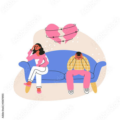 Divorce, complicated relationship, couple quarrel. Husband and wife in conflict, troubles, misunderstanding. Gender conflict. Difficult relations in family. Broken heart. Flat vector illustration
