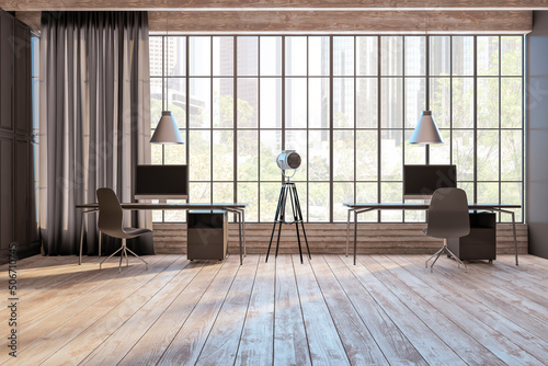 Front view on sunny eco style coworking office with wooden floor, huge squared window, comfortable workspaces and vintage floor projector between. 3D rendering photo