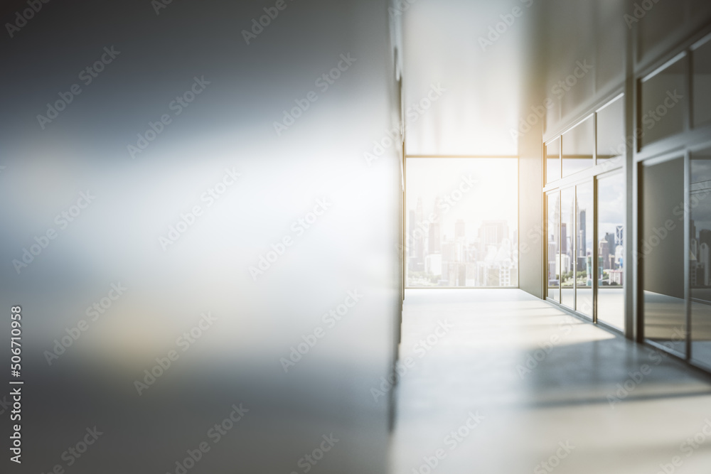 Fototapeta premium Blurry blank metallic wall in sunny office hall with city view and cabinets. 3D rendering, mockup, closeup