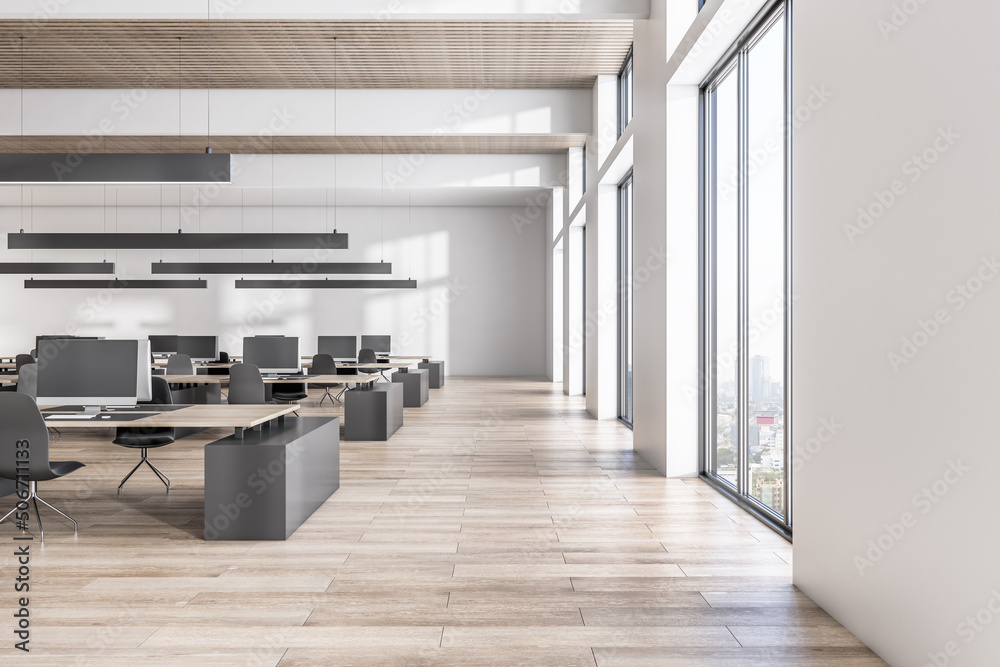 Side view on sunny spacious coworking office with modern interior design decorated by wooden slatted ceiling and floor, white walls and city view from big windows. 3D rendering - obrazy, fototapety, plakaty 