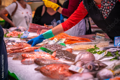 Great quantity of fresh seafood on fish market in Barcelona, Spain