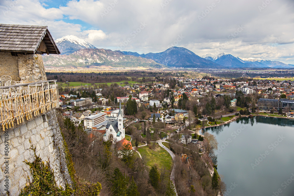 View of Bled lake and Bled town from Bled Caslte viewpoint, Slovenia