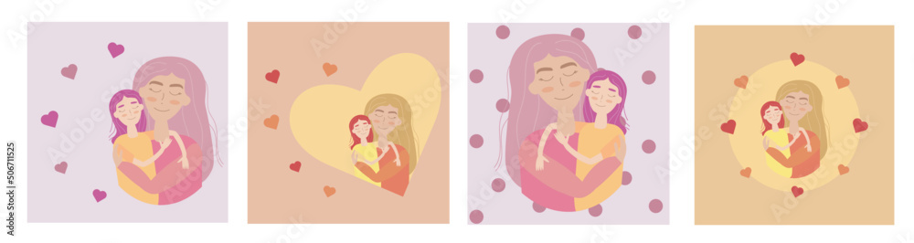 Set cute vector mother hugs her happy smiling daughter. Illustration of family love, parenthood, motherhood for Happy Children Day or Mother's day, banner. Vector in AI format. Pink, orange, hearts