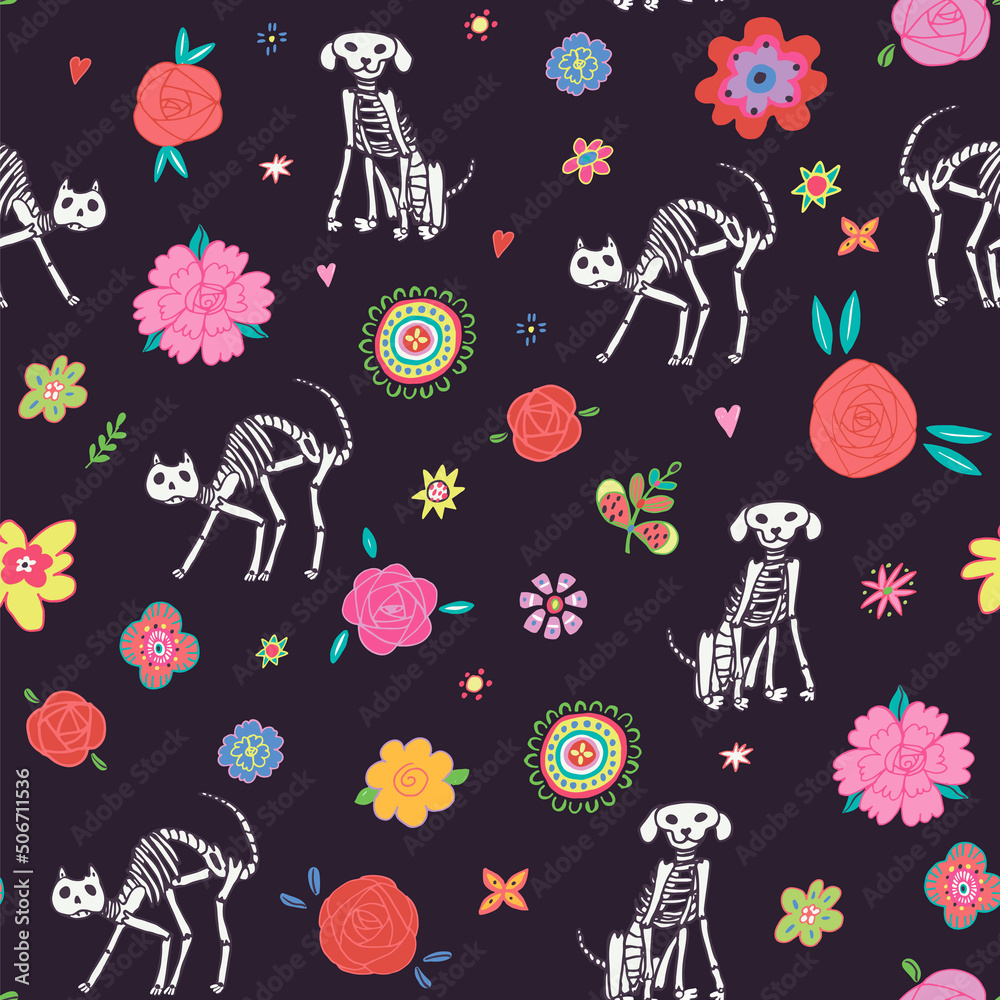 Mexican day of the death halloween skeletons cat and dog vector seamless pattern
