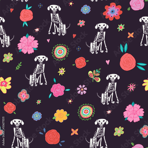 Mexican day of the death halloween skeletons dog vector seamless pattern