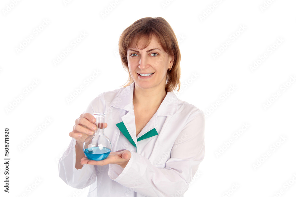 Female scientist examining a chemical reaction in a flask Female scientist examining a chemical reaction in a flask