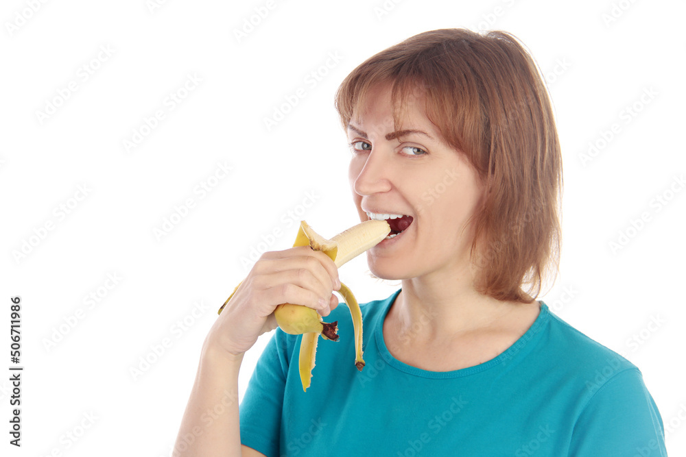 Young woman eating banana. isolated female portrait. Young woman eating banana. isolated female portrait.