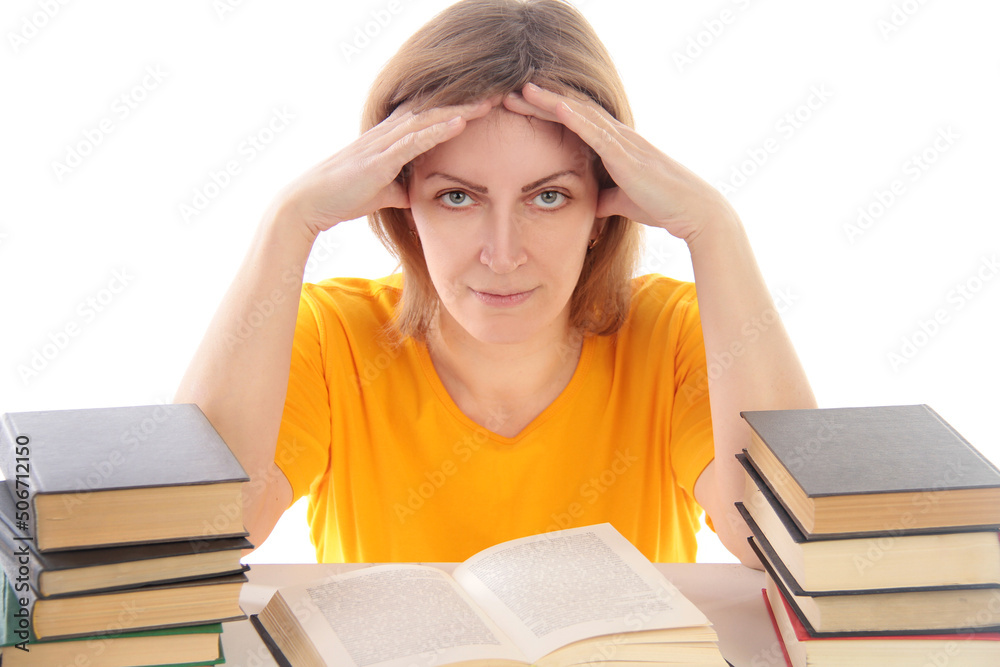 portrait of beautiful student girl sitting among the books portrait of beautiful student girl sitting among the books