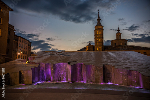 Spanish Fountain (Fuente de la Hispanidad) in Zaragoza downtown, evening lights, Aragon, Spain