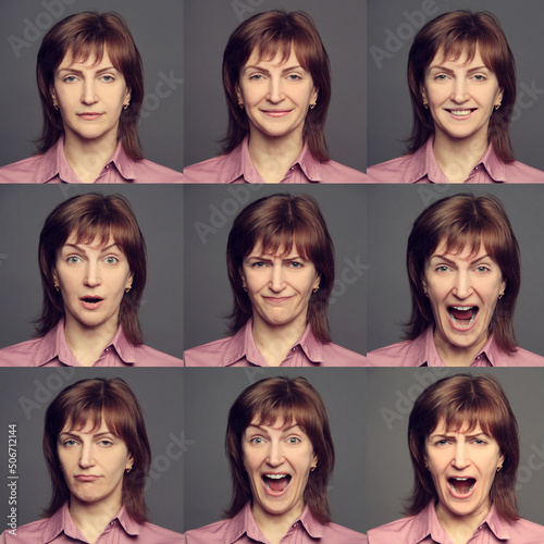 Collage of woman different facial expressions on grey background photo