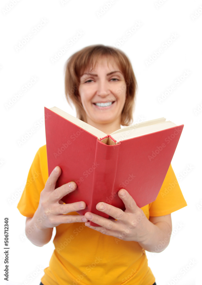 Woman reading a red book over isolated background Woman reading a red book over isolated background