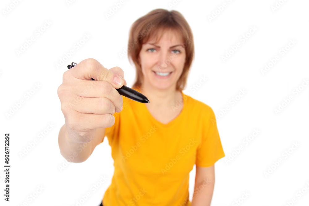 Woman writing with marker on screen or board Woman writing with marker on screen or board