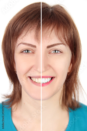 Female face before and after makeup on white background