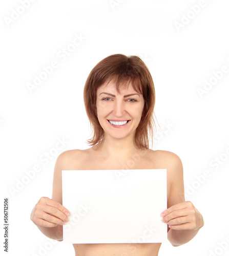 Naked Smiling Woman holding empty poster and hide her chest