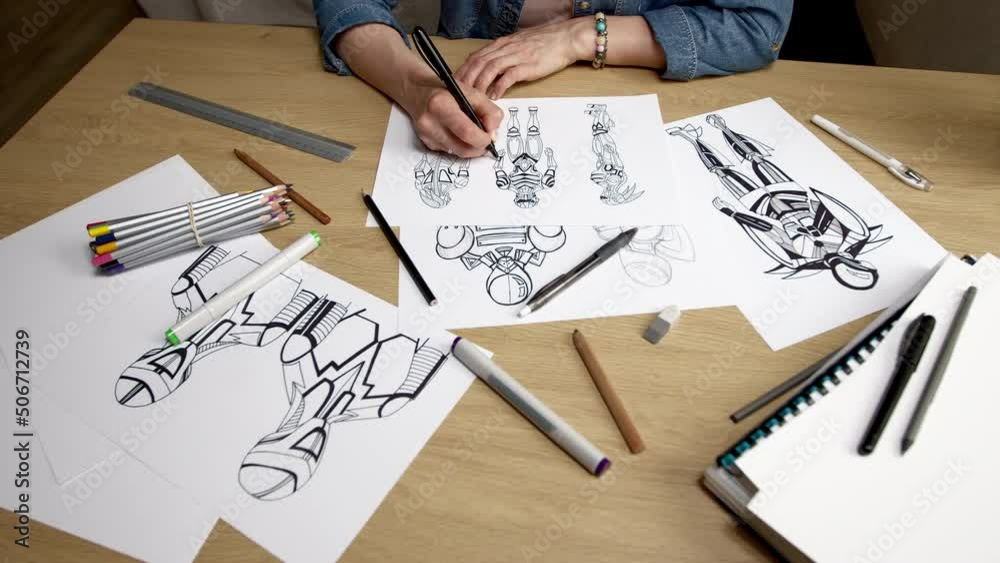 The illustrator draws sketches of robot computer game characters. The artist creates a design of cyborgs.