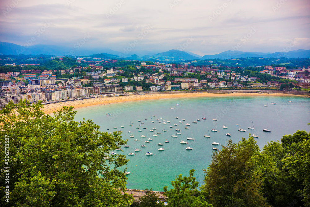 Panoramic view of San Sebastian bay, Atlantic ocean, Monte Igueldo viewpoint, Basque Country, Spain