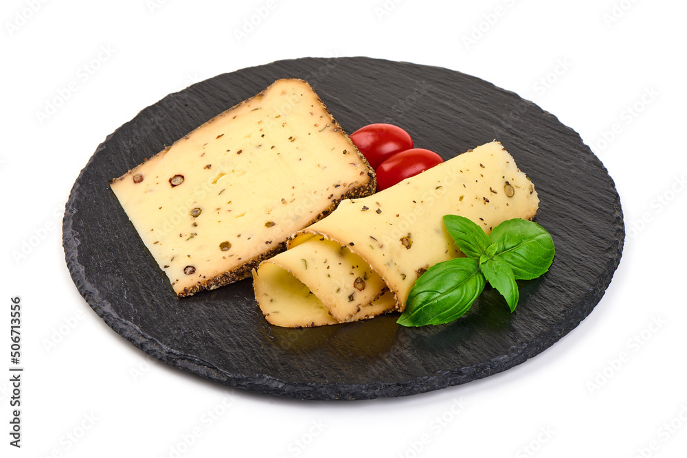 Traditional pepper cheese, isolated on white background.