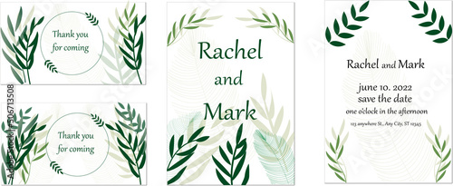 wedding invitation card and thank you cards with elegant greenery leaves