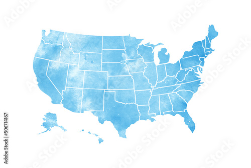 Blue watercolor USA map with borders of the states