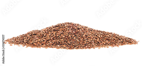 Pile of brown flax seeds isolated on a white background, front view. Linseeds.