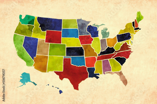 Multicolored watercolor USA map with borders of the states on paper background