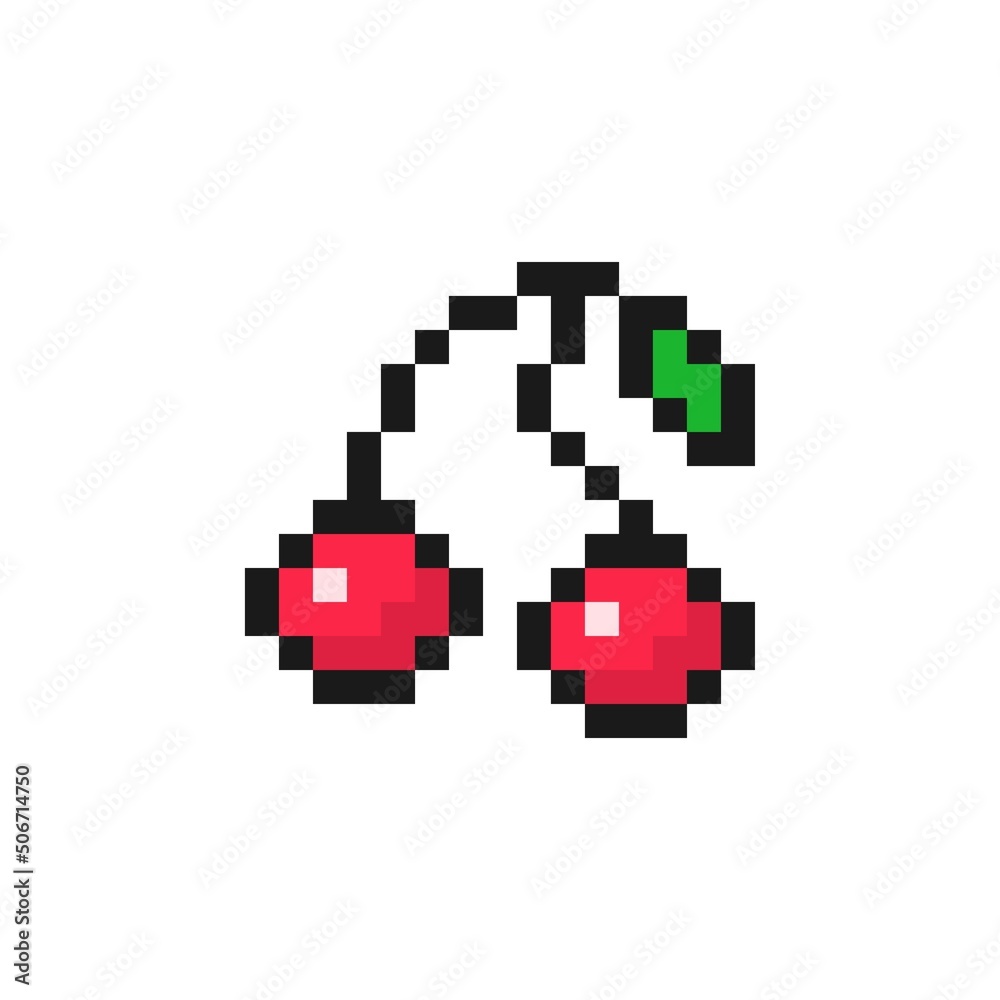 Red cherries pixel on black branch. Sweetly sour two berries with green leaf. Ripe fruit for dessert and 8bit vector game design Red cherries pixel on black branch. Sweetly sour two berries with green leaf. Ripe fruit for dessert and 8bit vector game design