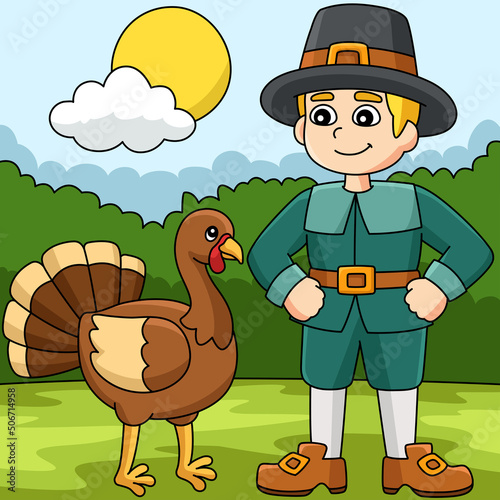 Thanksgiving Pilgrim Boy Turkey Illustration