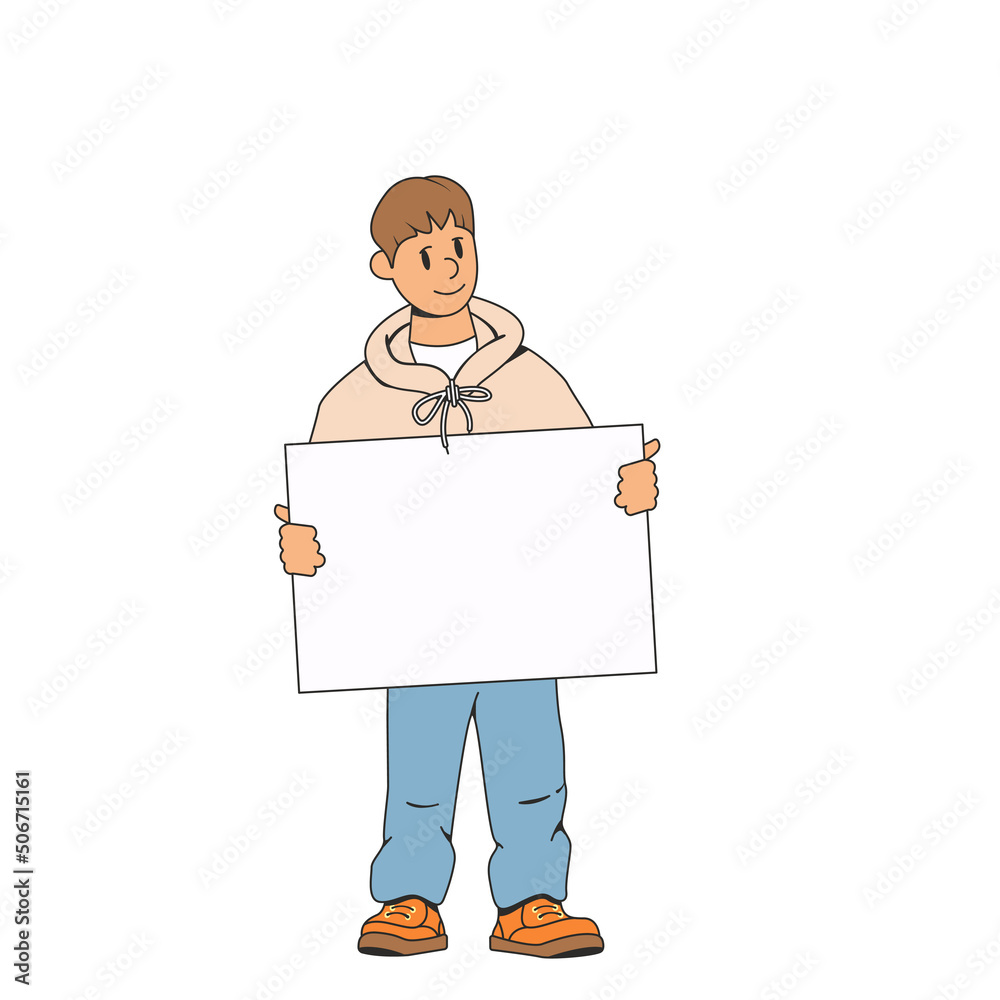 Man holding a blank advertising banner for text in front of him. Concept for advertising or other information. Hitchhiking a car. Stock vector illustration of a man with a poster. Isolated background. Man holding a blank advertising banner for text in front of him. Concept for advertising or other information. Hitchhiking a car. Stock vector illustration of a man with a poster. Isolated background.