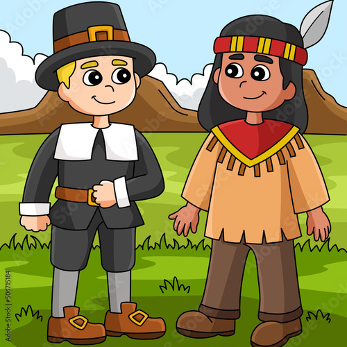 Thanksgiving Native American Pilgrim Illustration