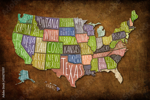 Multicolored watercolor USA map with borders of the states and names on grunge paper background