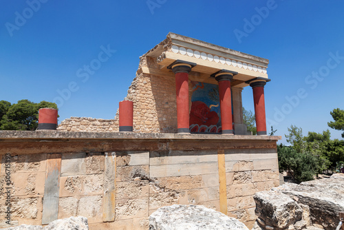 The northwestern bastion of the Palace of Knossos with a fragment of a fresco depicting a bull's head and a red colonnade. Crete, Greece