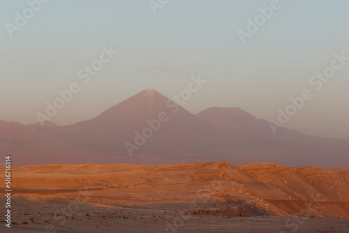 Sunset at the Moon Valley  Valle de la Luna  with the Licancabur volcano  Atacama  Chile  South America