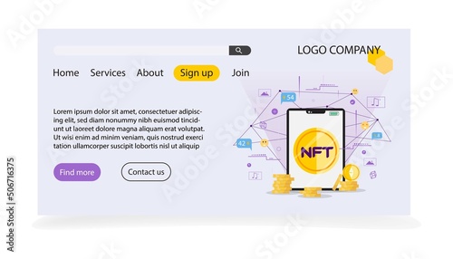 Template of landing page for NFT market place. Web site for NFT market.