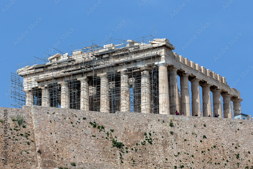 Parthenon on top of Acropolis hill in Athens, Greece. sunny summer day with blue sky.