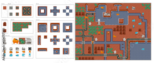 Game map tiles set for building alien plains mountains forests rivers and oceans with military assets and locations