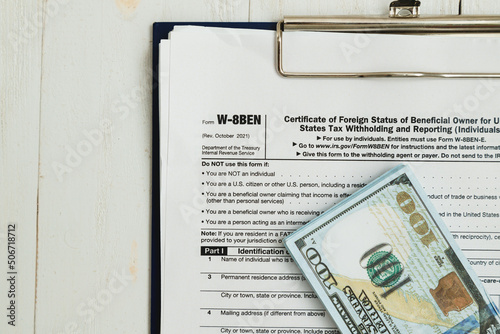Close Up of USA Tax Form type W-8BEN, Certificate of Foreign Status of Beneficial Owner for United States Tax Withholding photo