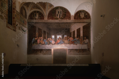 Monumental painting by Leonardo da Vinci depicting the scene of the last meal of Christ with the disciples: The Last Supper in the refectory of the monastery of Santa Maria delle Grazie photo
