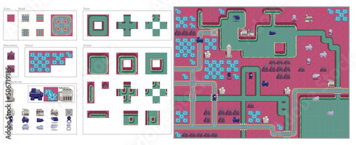 Game map tiles set for building alien plains mountains forests rivers and oceans with military assets and locations