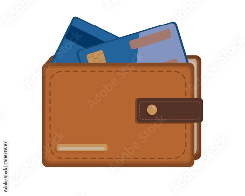 Leather Wallet Isolated with credit card on White in flat style. Vector image.