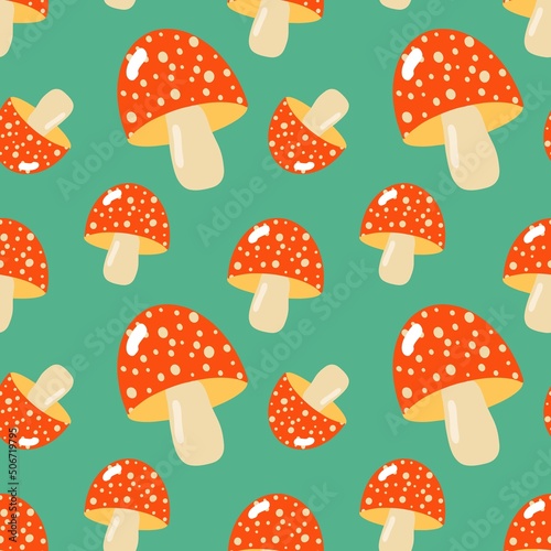 Seamless pattern, fly agaric on a turquoise background. Flat design, cartoon style, vector illustration.