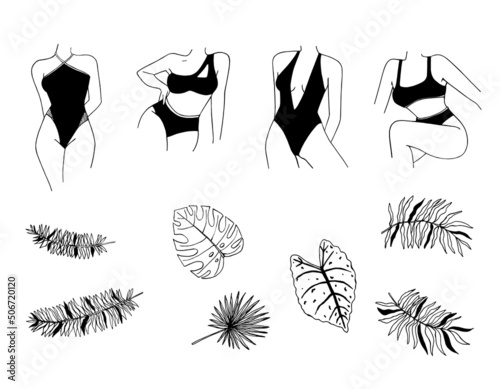 Set with contour of womens figures in swimsuit in minimalist doodle style. Female body in underwear and tropical leaves
