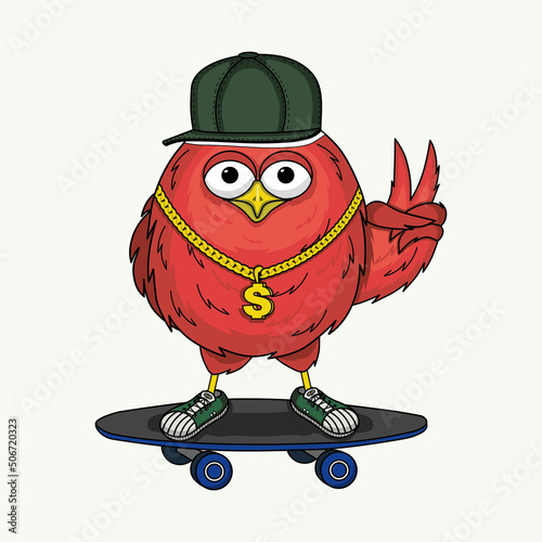 sparrow rapper. a sparrow or an owl on a skateboard.fashionable sparrow