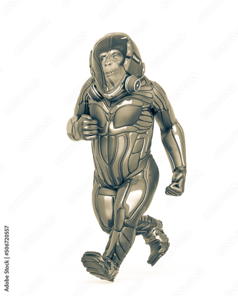 chimpanzee astronaut is walking in white background