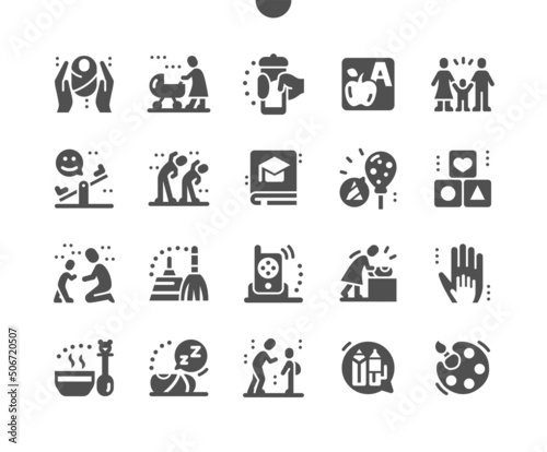 Child care. Mom with stroller. Electro nanny. Child first steps. Baby food. Playground. Vector Solid Icons. Simple Pictogram