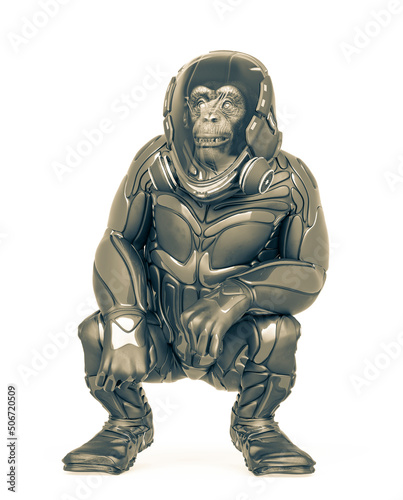 chimpanzee astronaut is sitting in white background