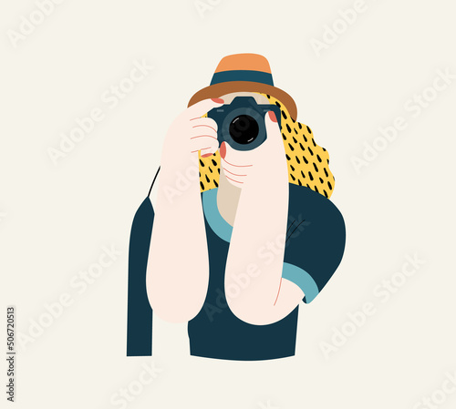 People portrait - Taking photos -Modern flat vector concept illustration of a young woman taking photo with a camera, half-length portrait, user avatar. Creative landing web page illustartion