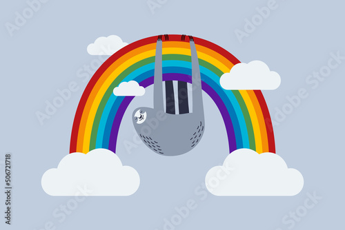 Lazy sloth hanging on a rainbow. Vector cartoon illustration.
