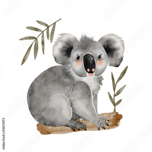 Photography koala cute animal sits on a tree branch, watercolor illustration.
